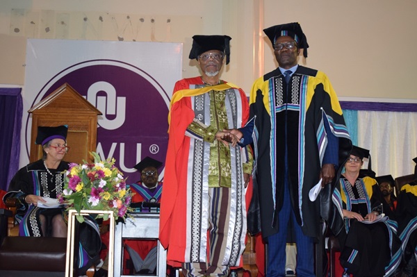: Prof Toyin Falola with Prof Dumi Moyo 